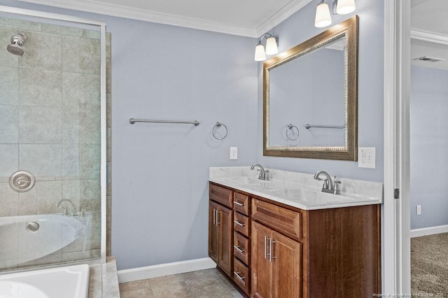 bathroom with a relaxing tiled tub, visible vents, ornamental molding, and a sink