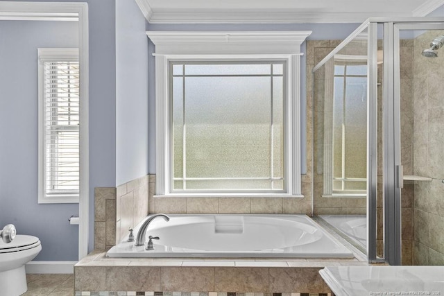 full bathroom with a stall shower, a healthy amount of sunlight, crown molding, and toilet