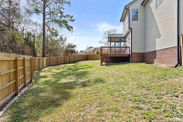 view of yard featuring a fenced backyard and a wooden deck