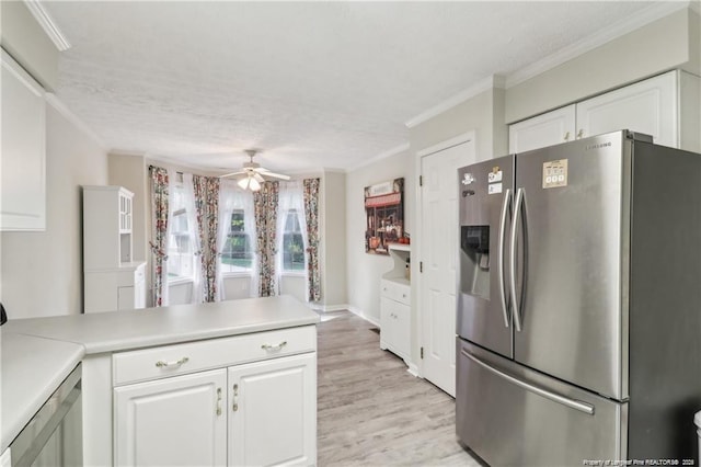 kitchen featuring white cabinets, light countertops, ornamental molding, light wood-type flooring, and stainless steel fridge with ice dispenser