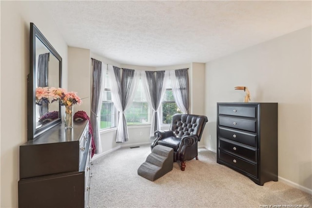 sitting room featuring visible vents, a textured ceiling, baseboards, and carpet flooring