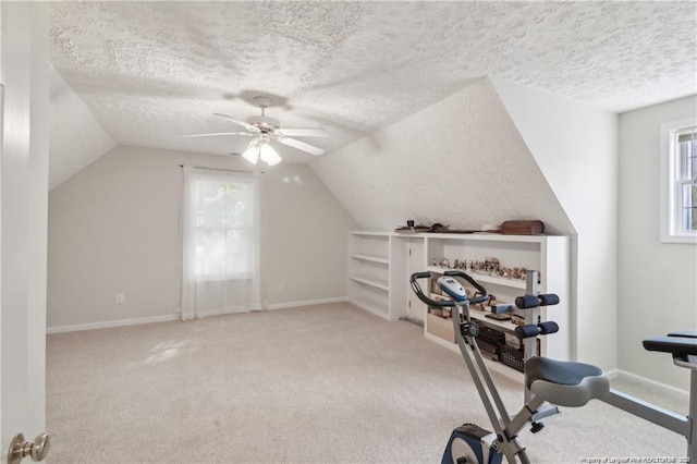 exercise area with a textured ceiling, vaulted ceiling, and a healthy amount of sunlight