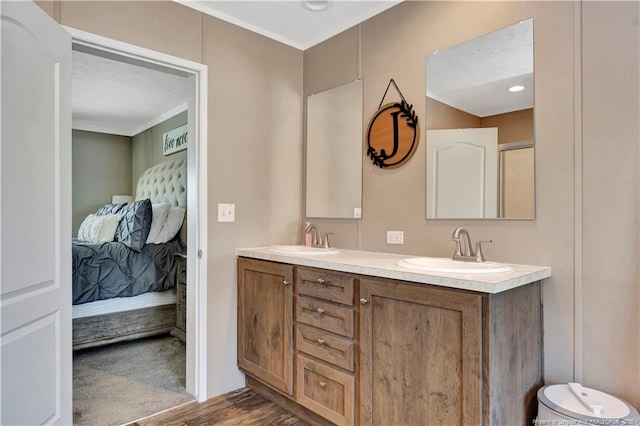 full bathroom featuring double vanity, connected bathroom, and a sink