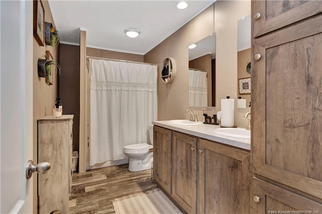 bathroom featuring double vanity, wood finished floors, a sink, and toilet