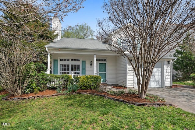 single story home featuring a garage, covered porch, concrete driveway, and a front lawn