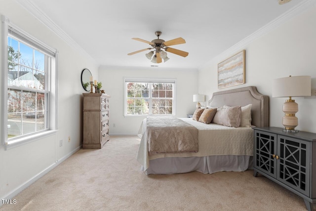 bedroom featuring multiple windows, carpet flooring, and crown molding