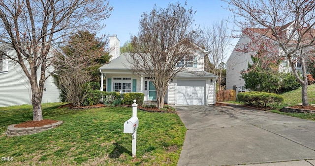 traditional-style house with a front yard, fence, a chimney, concrete driveway, and a garage