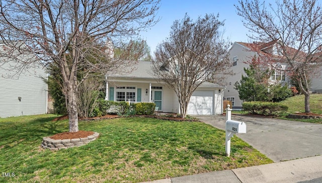 single story home with a garage, concrete driveway, and a front lawn