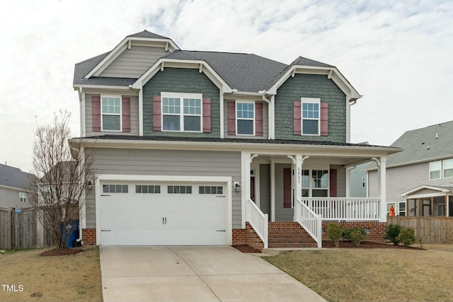 craftsman-style home featuring a porch, concrete driveway, fence, and an attached garage