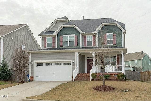 craftsman house with covered porch, concrete driveway, fence, and a garage