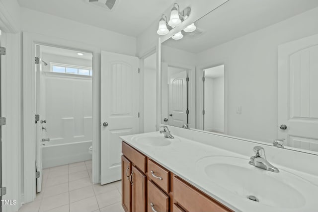 bathroom featuring double vanity, a sink, visible vents, and tile patterned floors