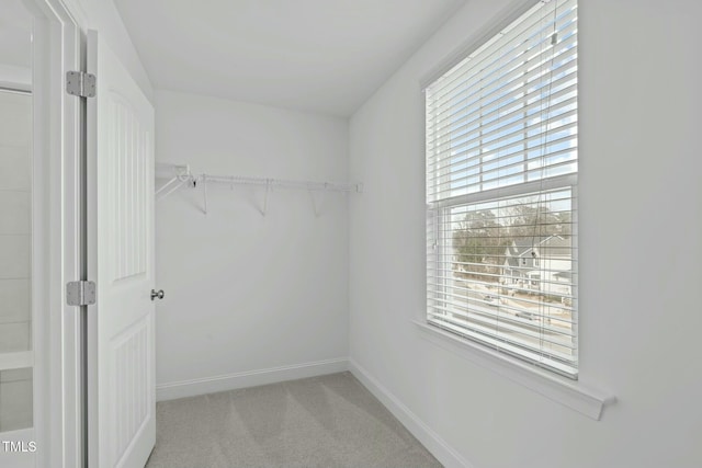 walk in closet featuring light carpet