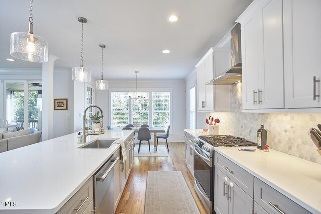 kitchen with appliances with stainless steel finishes, light countertops, a sink, and wall chimney range hood