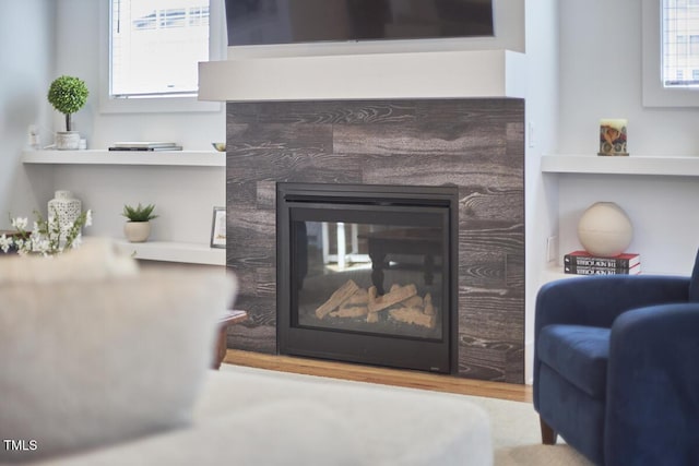 room details with built in features and a multi sided fireplace