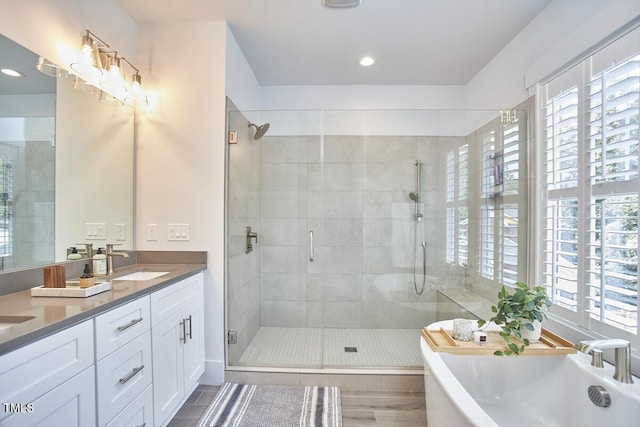 full bathroom featuring plenty of natural light, a sink, a shower stall, and a freestanding bath