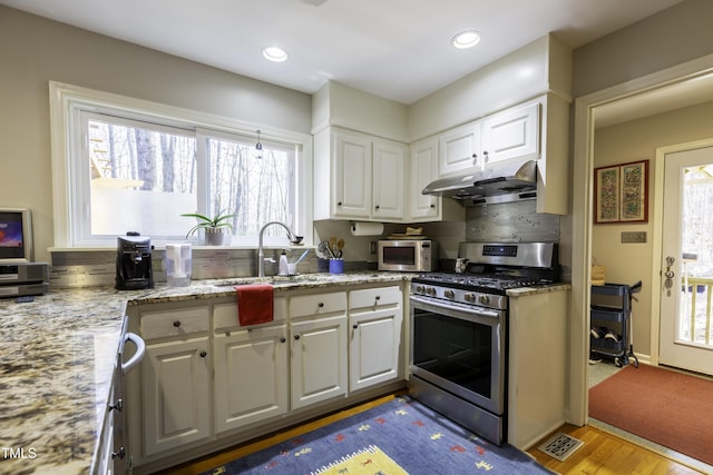 kitchen with under cabinet range hood, stainless steel appliances, plenty of natural light, and a sink