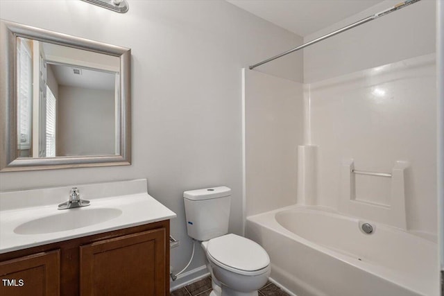 full bath featuring shower / bathing tub combination, vanity, and toilet