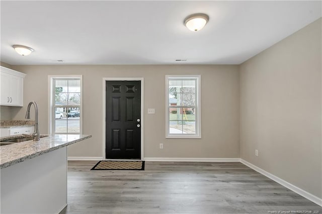 entrance foyer with baseboards, plenty of natural light, visible vents, and light wood finished floors