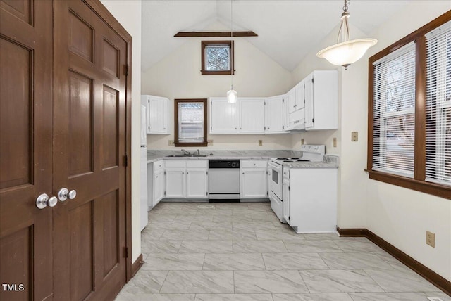 kitchen featuring dishwasher, marble finish floor, light countertops, white electric range, and white cabinetry