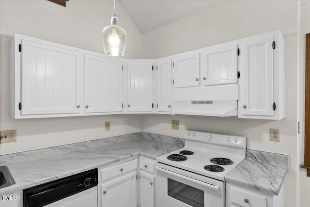 kitchen with electric stove, dishwashing machine, under cabinet range hood, white cabinetry, and pendant lighting