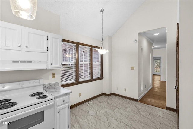 kitchen with white range with electric stovetop, white cabinets, vaulted ceiling, light countertops, and under cabinet range hood