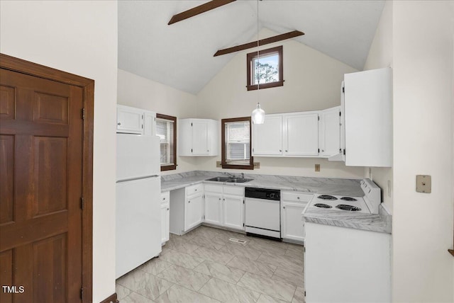 kitchen featuring light countertops, white appliances, white cabinets, and a sink