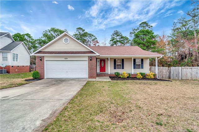 ranch-style home with driveway, a front lawn, fence, an attached garage, and brick siding