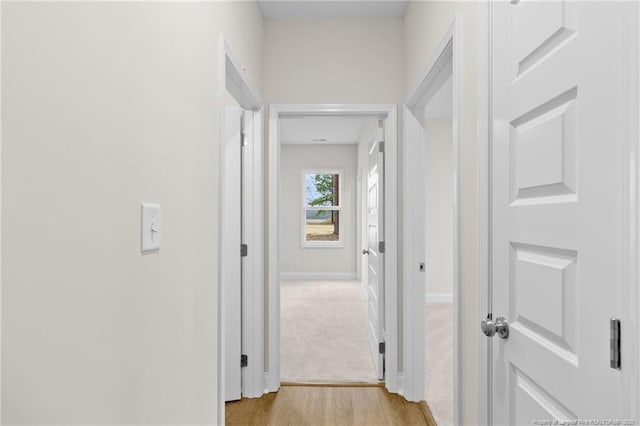 corridor featuring light wood-type flooring, light carpet, and baseboards