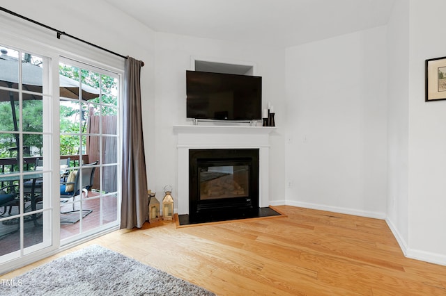 living area with a fireplace with flush hearth, baseboards, and wood finished floors