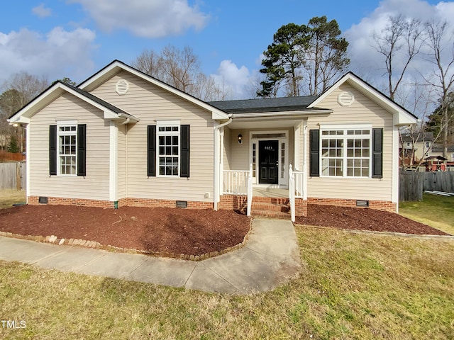 single story home featuring crawl space, fence, and a front yard