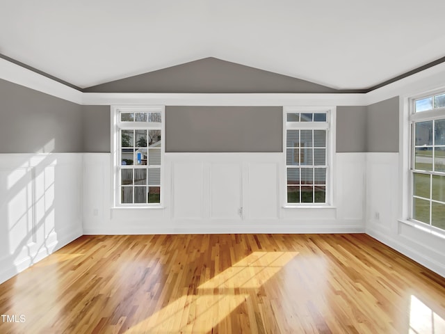 spare room with light wood-type flooring, a wainscoted wall, and vaulted ceiling