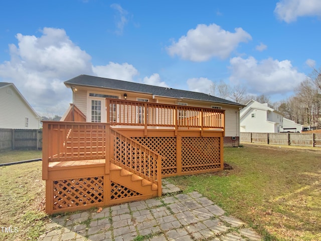 back of house with a yard, stairway, a fenced backyard, and a wooden deck