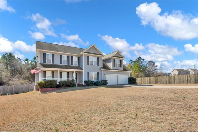 view of front of house featuring a porch, concrete driveway, fence, and an attached garage