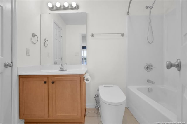 bathroom featuring  shower combination, tile patterned flooring, toilet, and vanity