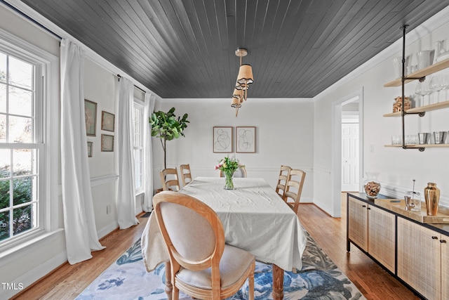 dining room with light wood-type flooring, wooden ceiling, and ornamental molding