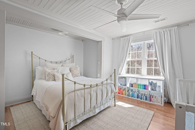 bedroom with visible vents, wooden ceiling, wood finished floors, and a ceiling fan