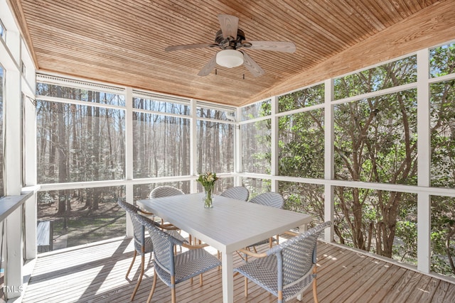 unfurnished sunroom with plenty of natural light, wood ceiling, and a ceiling fan