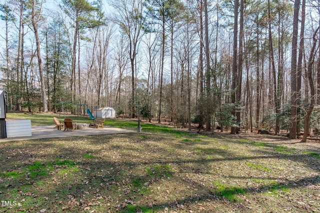 view of yard featuring an outdoor structure and a shed