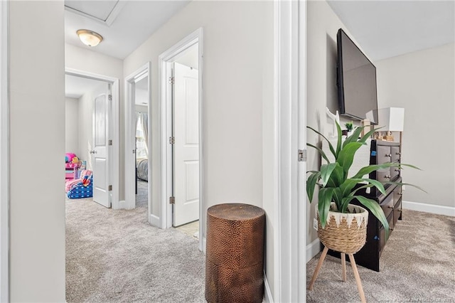 corridor featuring baseboards and carpet flooring