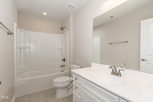 bathroom with tile patterned flooring, bathing tub / shower combination, toilet, and visible vents