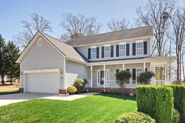 view of front facade with a front yard, covered porch, a shingled roof, concrete driveway, and a garage