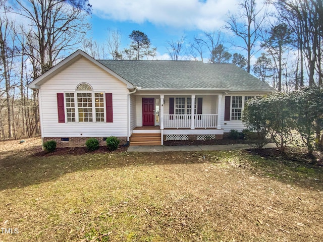 ranch-style house featuring crawl space, covered porch, a front lawn, and roof with shingles