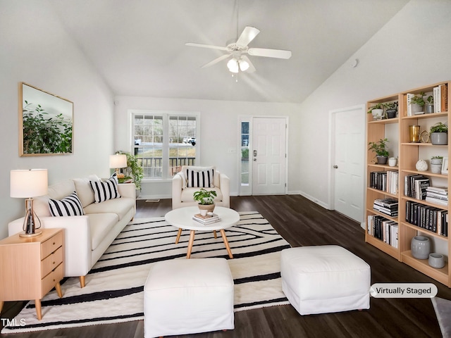 living room with high vaulted ceiling, ceiling fan, baseboards, and wood finished floors