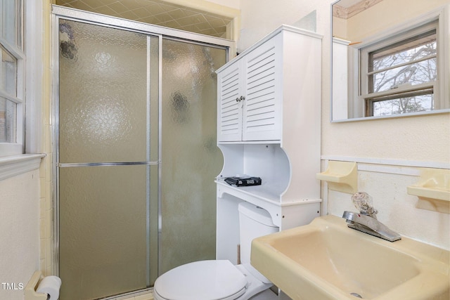 full bathroom featuring a stall shower, a sink, and toilet