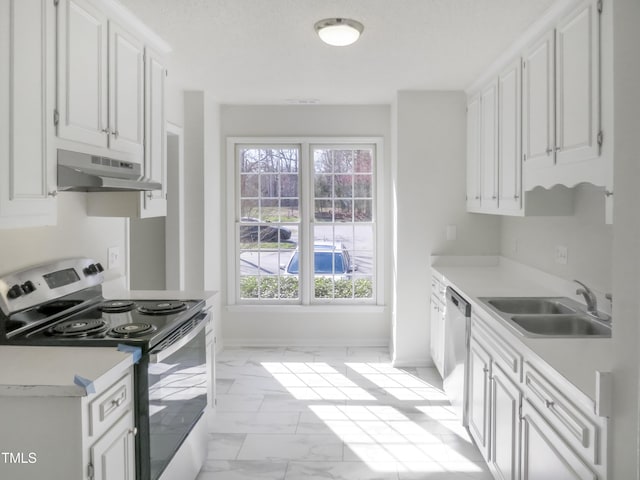 kitchen with a sink, stainless steel appliances, light countertops, under cabinet range hood, and marble finish floor