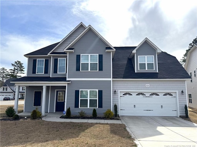 view of front facade featuring a porch, driveway, and an attached garage