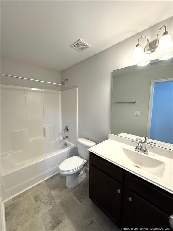 bathroom with bathtub / shower combination, visible vents, vanity, and toilet