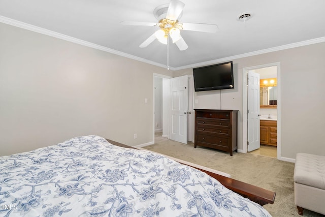 bedroom featuring light colored carpet, a sink, visible vents, baseboards, and crown molding