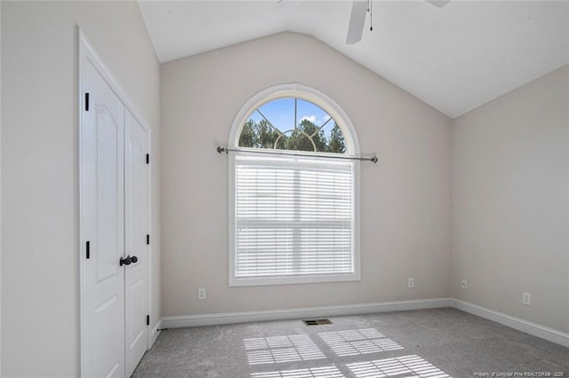 4305 Sanderosa Rd, Fayetteville, NC 28312 - empty room with lofted ceiling, carpet floors, a ceiling fan, visible vents, and baseboards