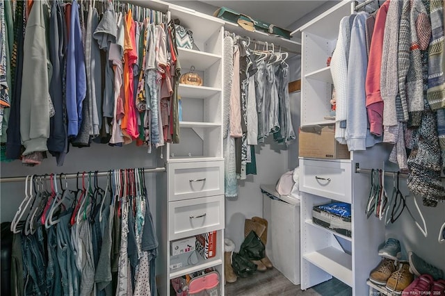 walk in closet with wood finished floors